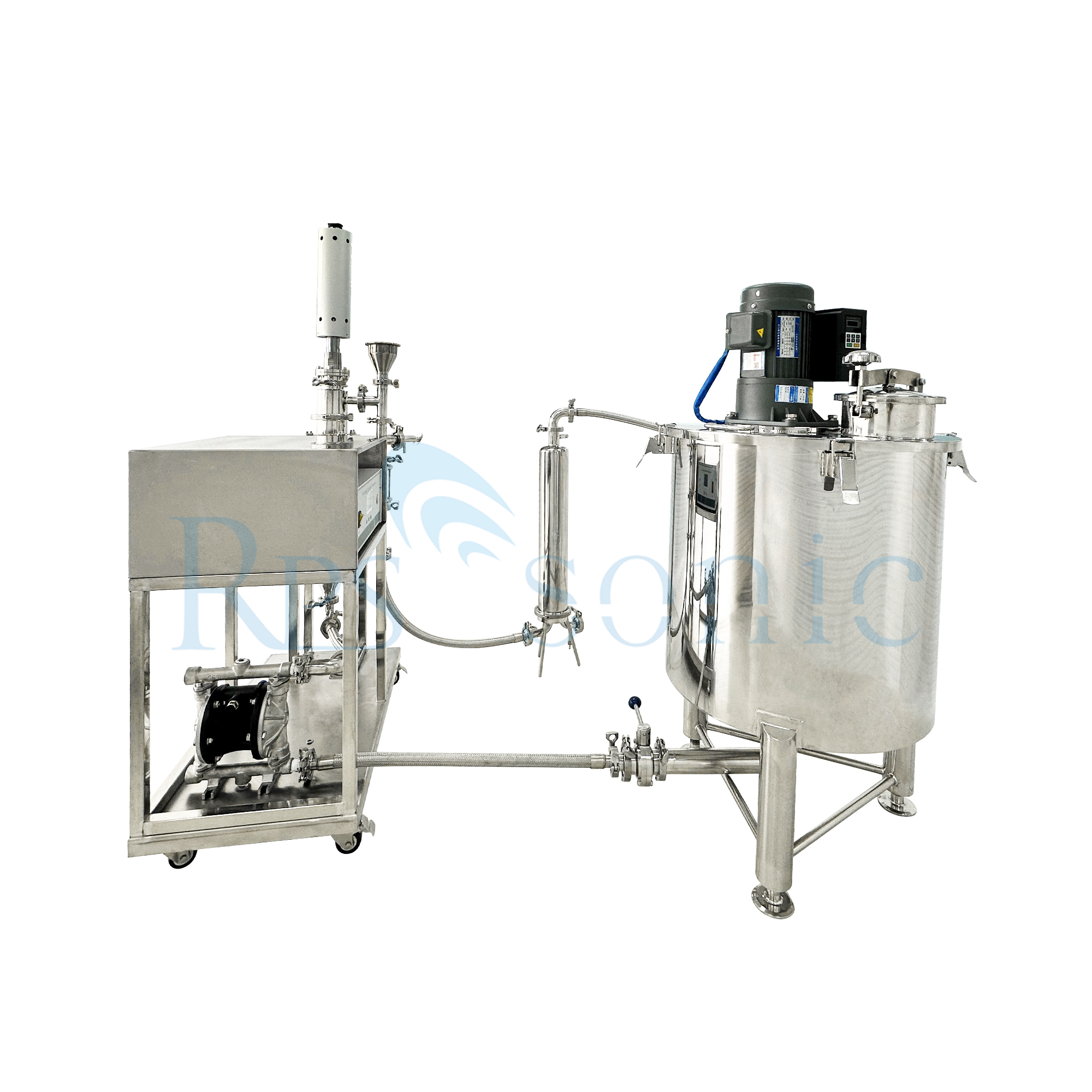 Ultrasonic flow cell homogenizer for CBD oil extraction with 100L tank