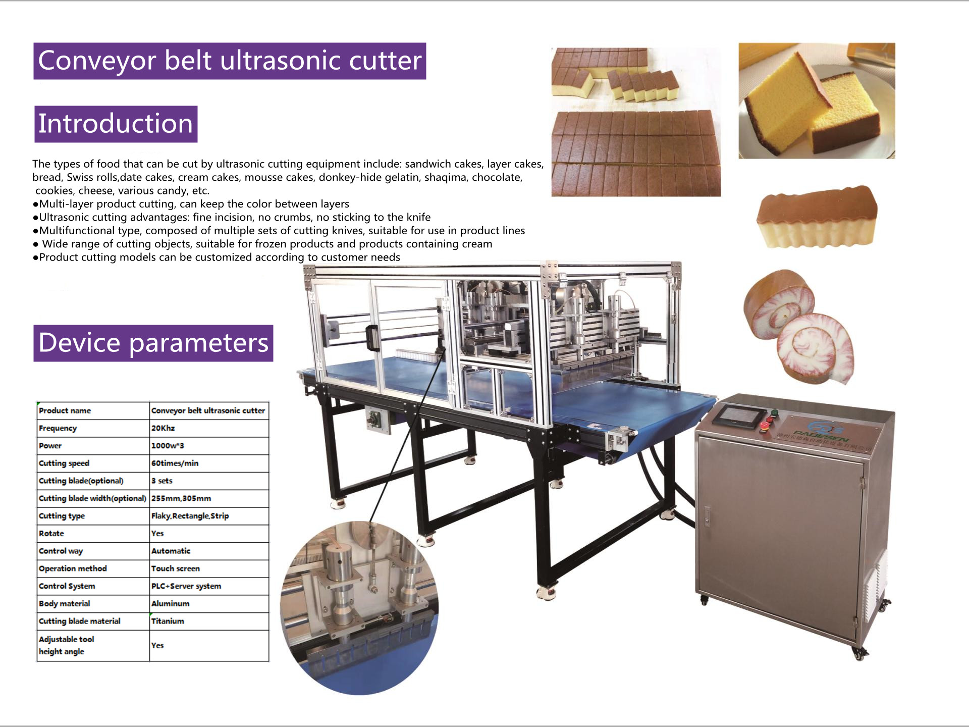 Ultrasonic food cutting machine with conveyor belt